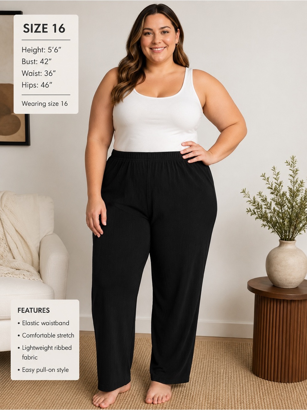 TanJay Black Straight-Leg Ribbed Pull-On Pants women Size 16